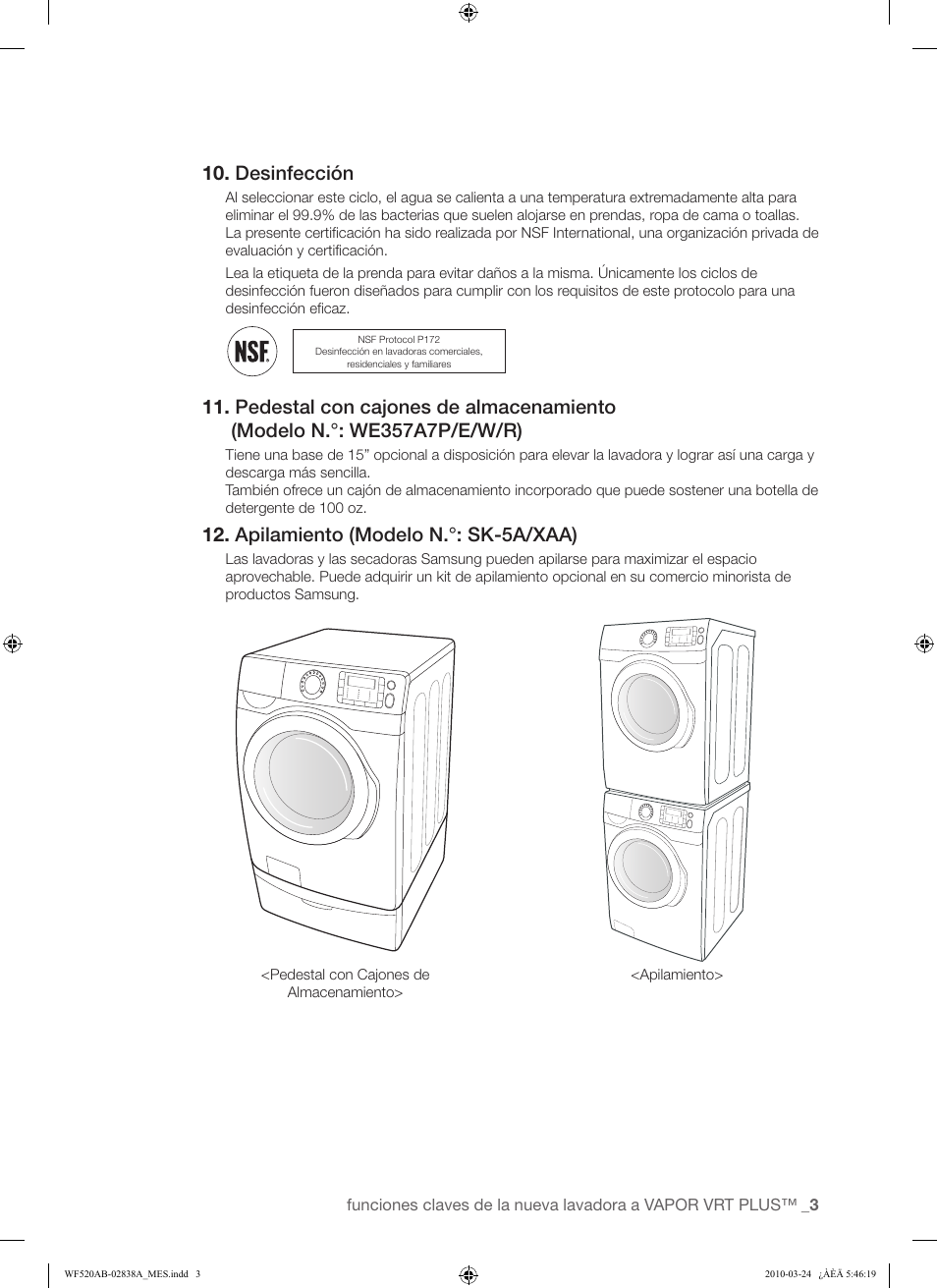 Desinfección, Apilamiento (modelo n.°: sk-5a/xaa) | Samsung WF520ABW-XAA User Manual | Page 45 / 84