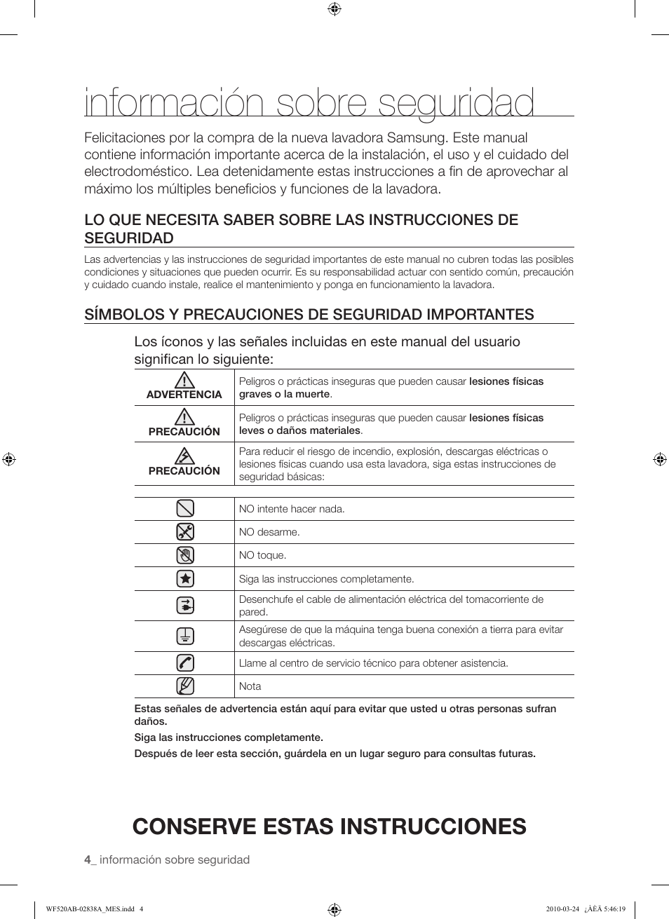 Información sobre seguridad, Conserve estas instrucciones | Samsung WF520ABW-XAA User Manual | Page 46 / 84