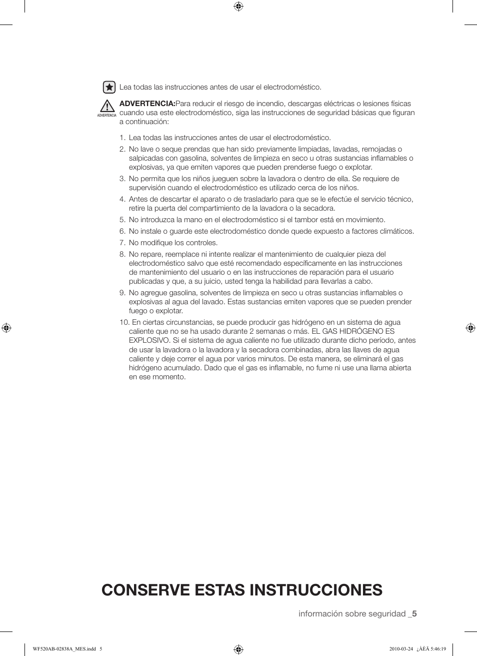 Conserve estas instrucciones | Samsung WF520ABW-XAA User Manual | Page 47 / 84
