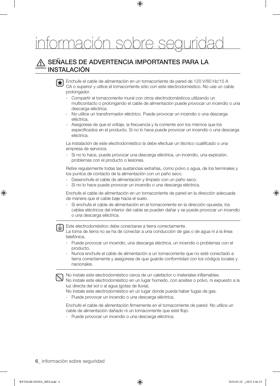 Información sobre seguridad | Samsung WF520ABW-XAA User Manual | Page 48 / 84