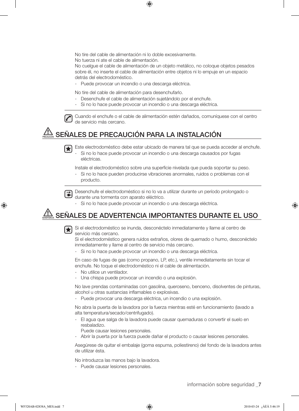 Señales de precaución para la instalación, Señales de advertencia importantes durante el uso | Samsung WF520ABW-XAA User Manual | Page 49 / 84