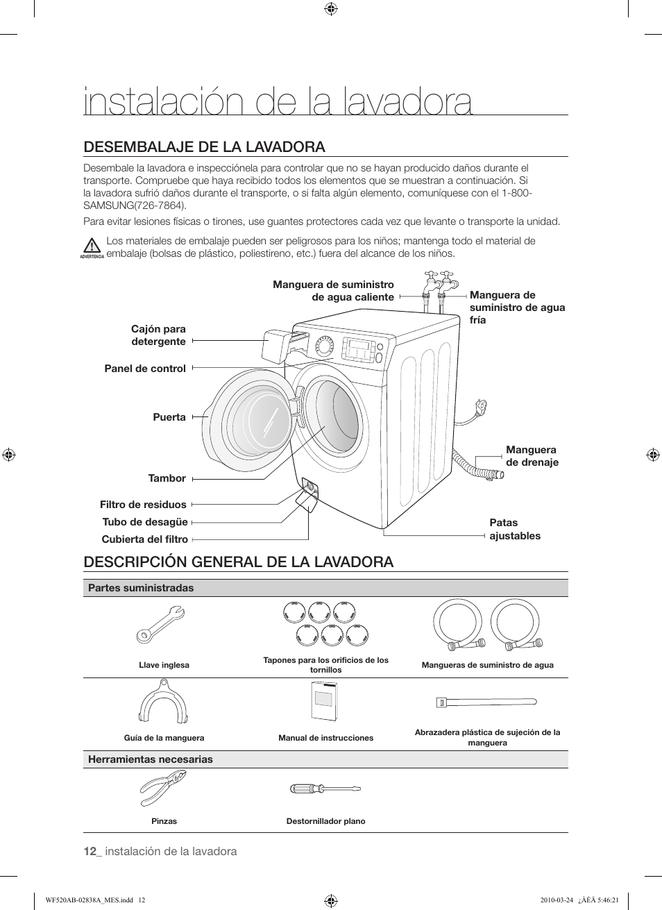 Instalación de la lavadora, Desembalaje de la lavadora, Descripción general de la lavadora | Samsung WF520ABW-XAA User Manual | Page 54 / 84