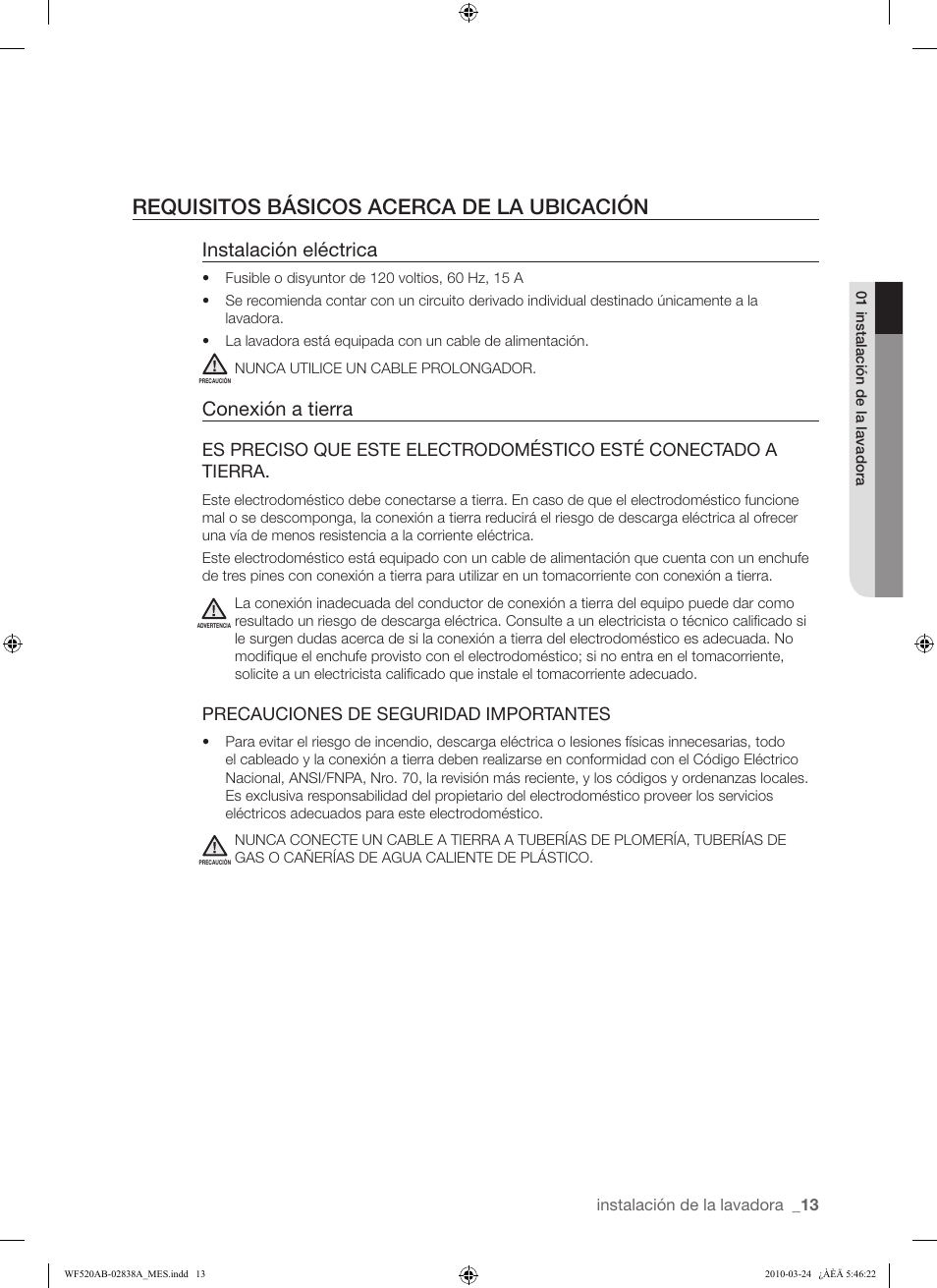 Requisitos básicos acerca de la ubicación, Instalación eléctrica, Conexión a tierra | Precauciones de seguridad importantes | Samsung WF520ABW-XAA User Manual | Page 55 / 84