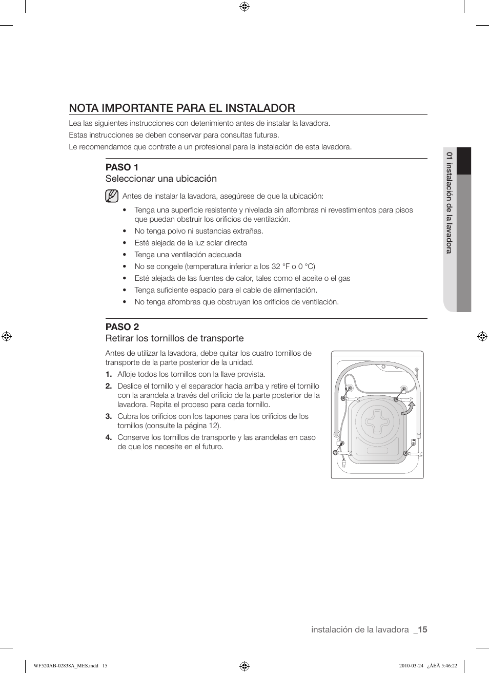 Nota importante para el instalador | Samsung WF520ABW-XAA User Manual | Page 57 / 84