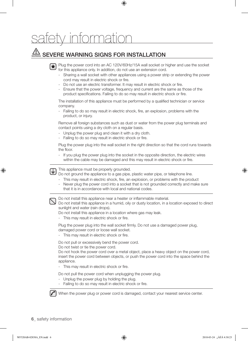 Safety information, Severe warning signs for installation | Samsung WF520ABW-XAA User Manual | Page 6 / 84