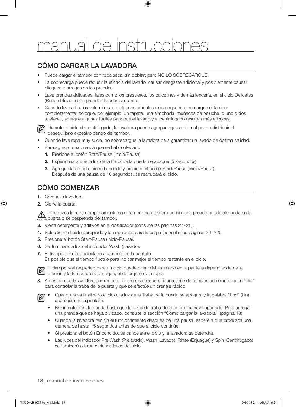 Manual de instrucciones, Cómo cargar la lavadora, Cómo comenzar | Samsung WF520ABW-XAA User Manual | Page 60 / 84