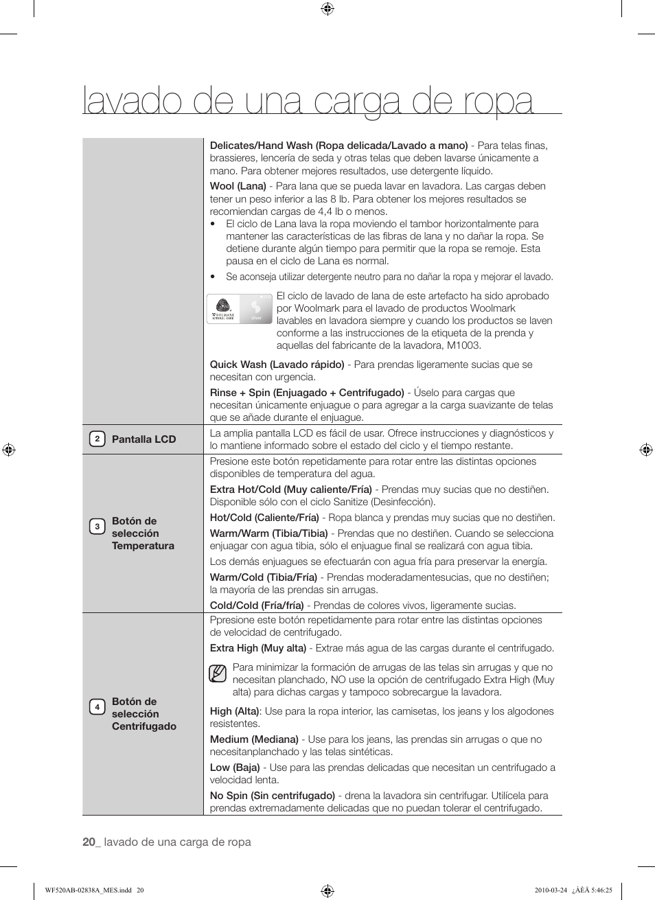 Lavado de una carga de ropa | Samsung WF520ABW-XAA User Manual | Page 62 / 84