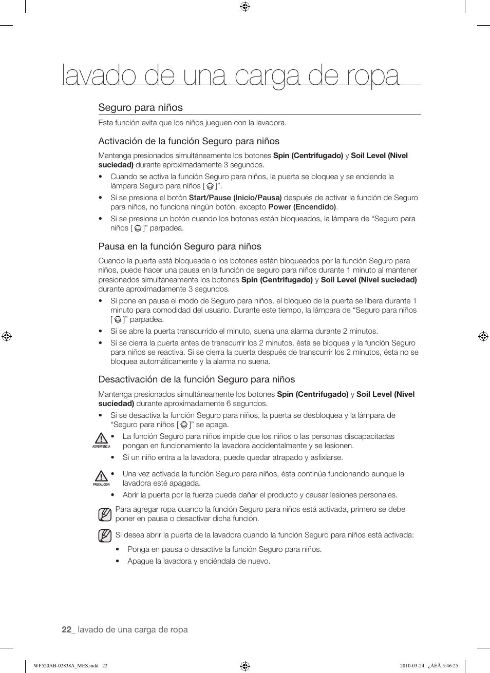 Lavado de una carga de ropa, Seguro para niños | Samsung WF520ABW-XAA User Manual | Page 64 / 84