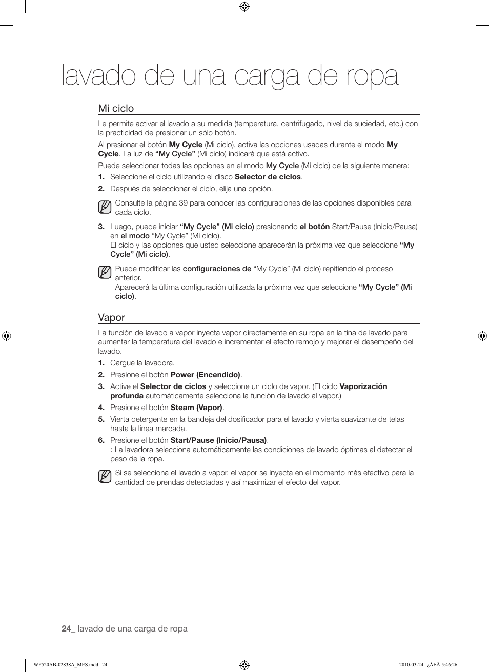 Lavado de una carga de ropa | Samsung WF520ABW-XAA User Manual | Page 66 / 84