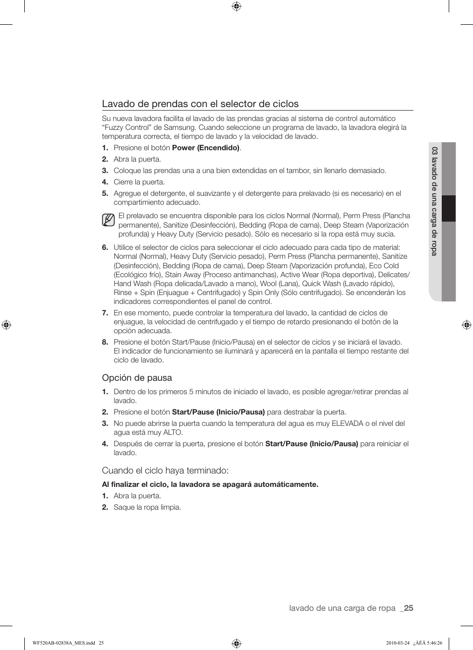 Lavado de prendas con el selector de ciclos | Samsung WF520ABW-XAA User Manual | Page 67 / 84
