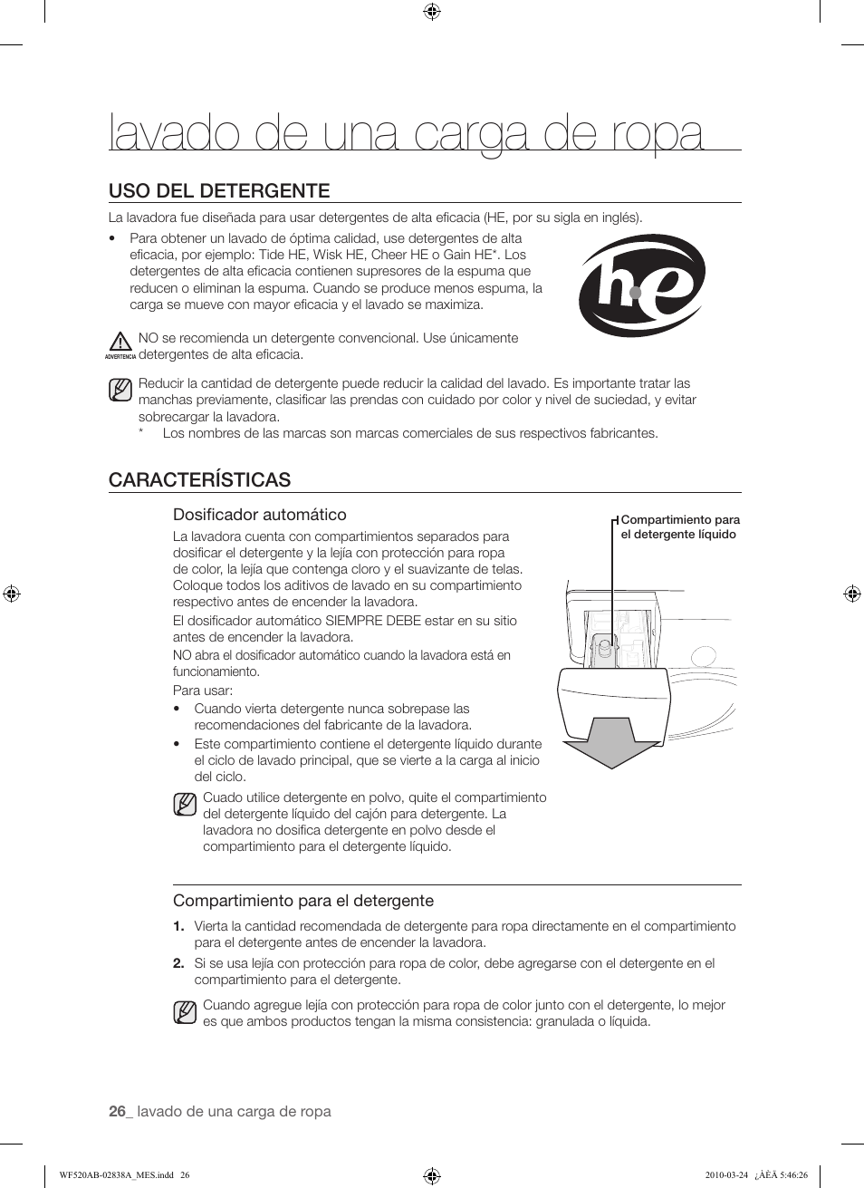 Lavado de una carga de ropa, Uso del detergente, Características | Samsung WF520ABW-XAA User Manual | Page 68 / 84