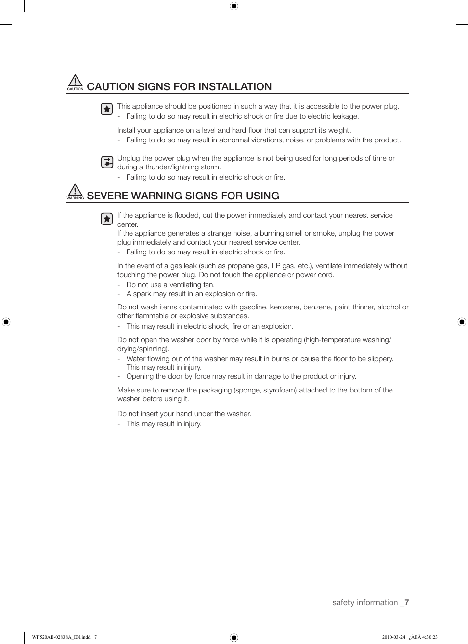Caution signs for installation, Severe warning signs for using | Samsung WF520ABW-XAA User Manual | Page 7 / 84