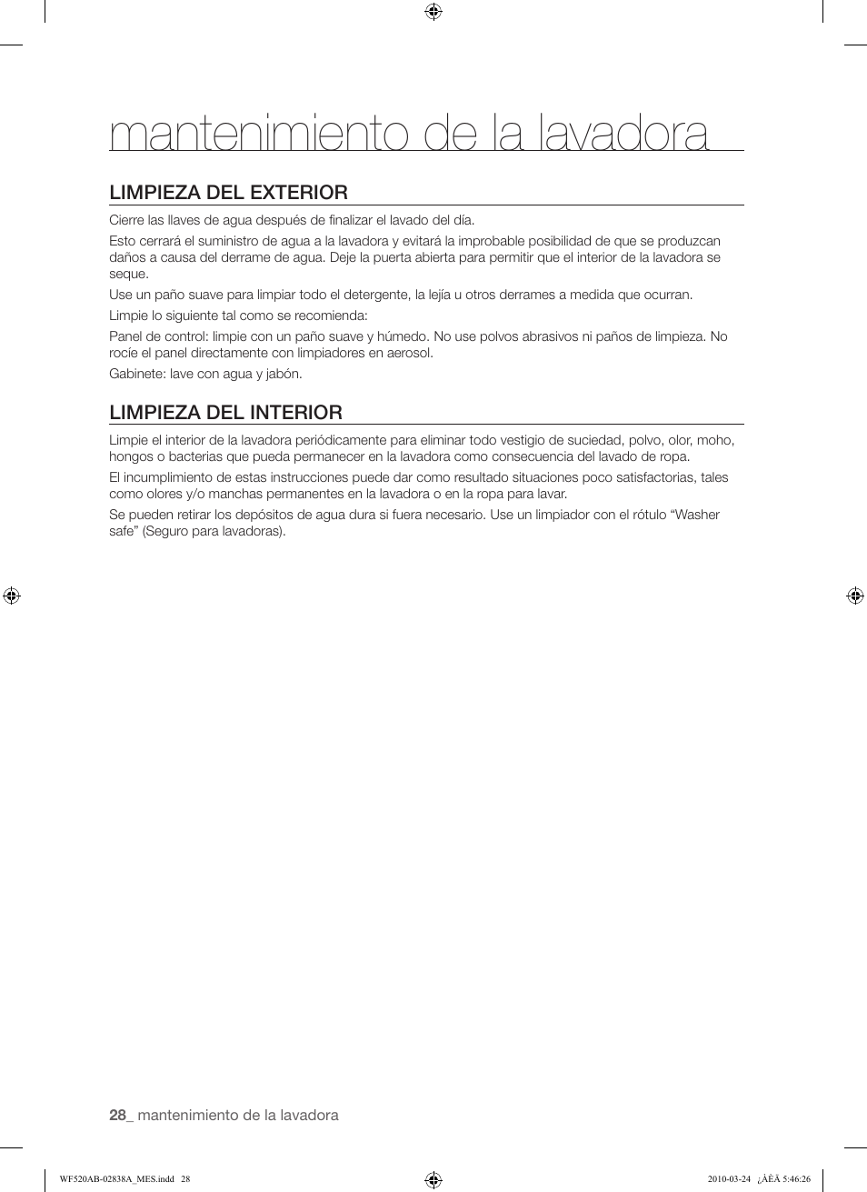 Mantenimiento de la lavadora | Samsung WF520ABW-XAA User Manual | Page 70 / 84