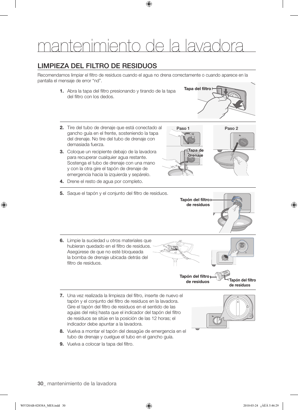 Mantenimiento de la lavadora, Limpieza del filtro de residuos | Samsung WF520ABW-XAA User Manual | Page 72 / 84