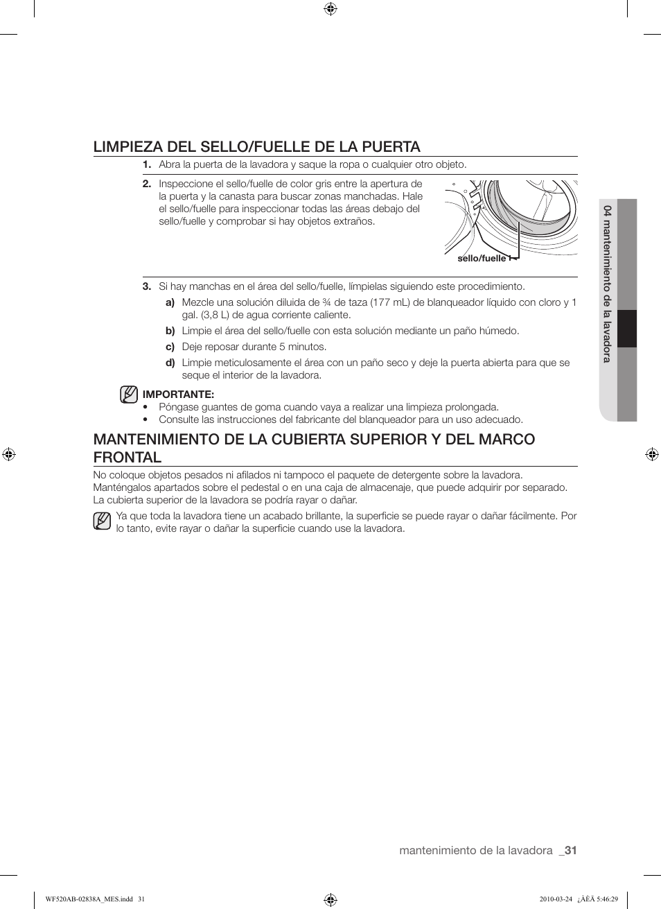 Limpieza del sello/fuelle de la puerta | Samsung WF520ABW-XAA User Manual | Page 73 / 84