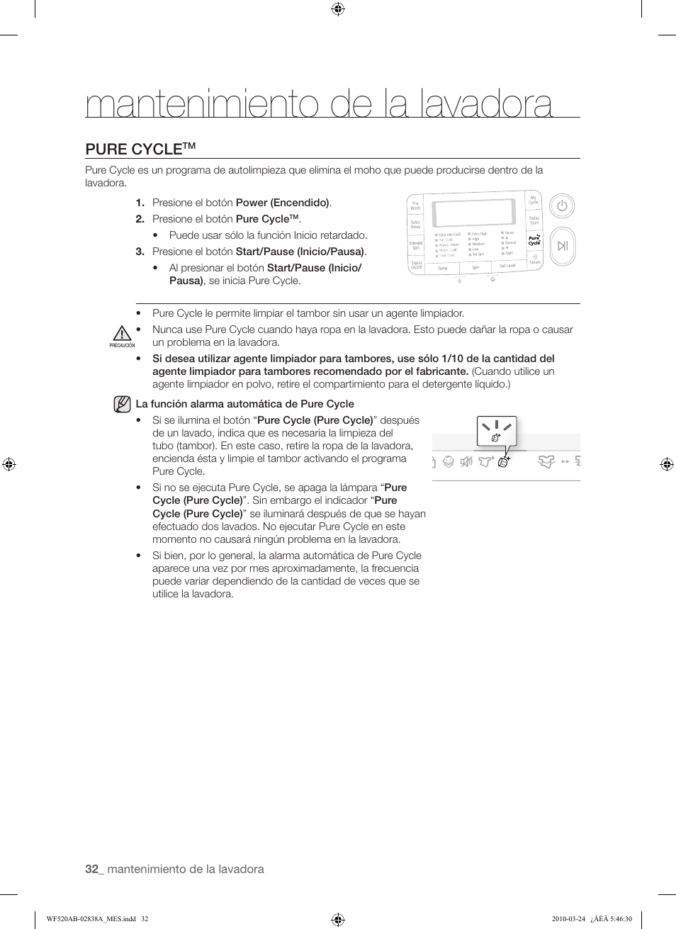Mantenimiento de la lavadora, Pure cycle | Samsung WF520ABW-XAA User Manual | Page 74 / 84