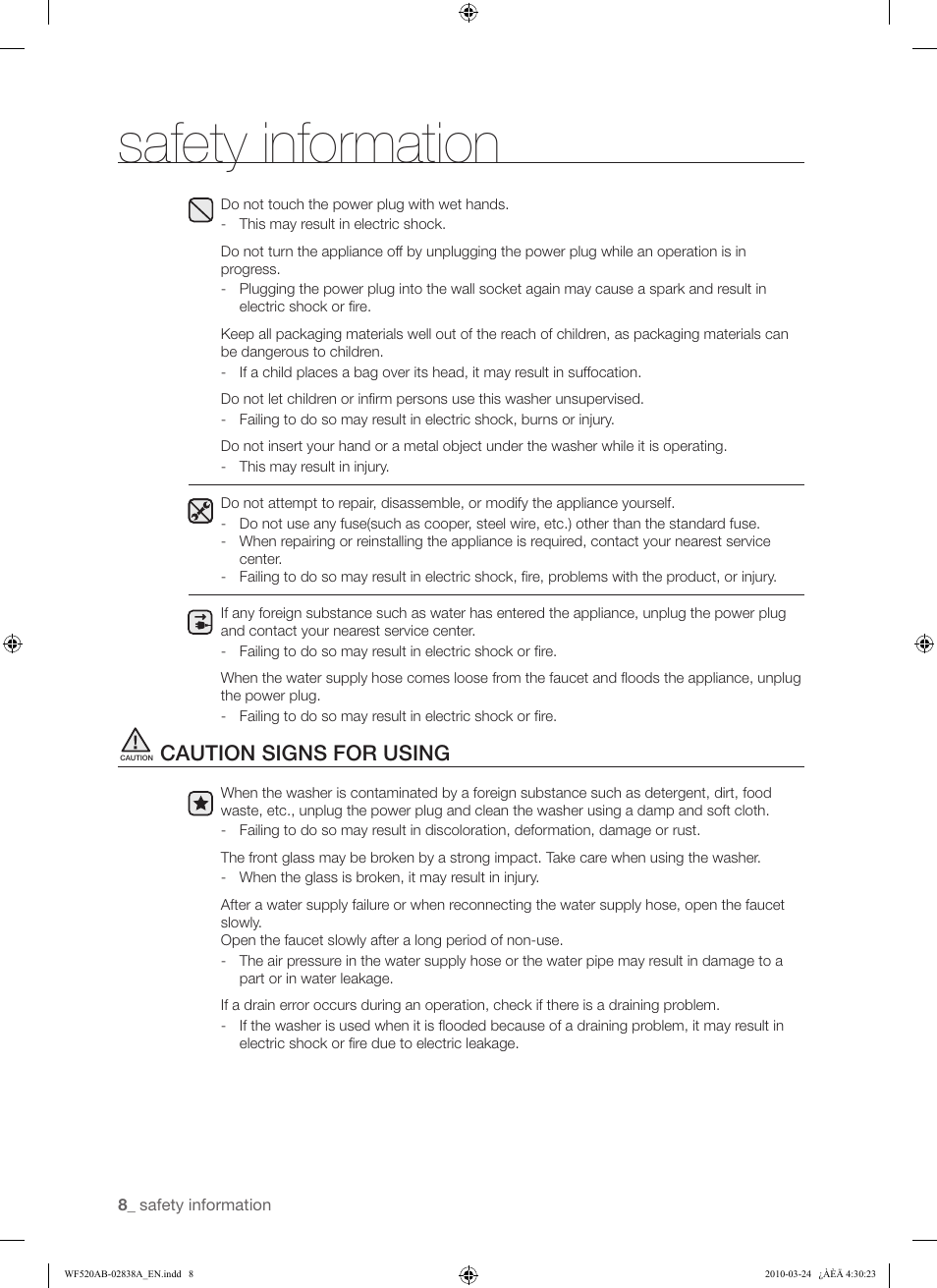 Safety information, Caution signs for using | Samsung WF520ABW-XAA User Manual | Page 8 / 84