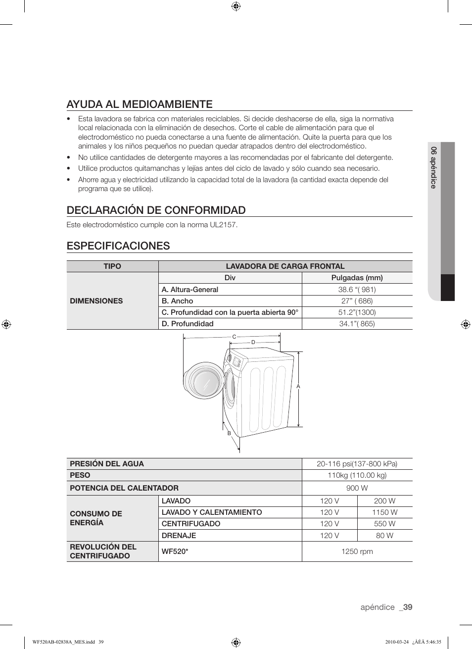 Ayuda al medioambiente, Declaración de conformidad, Especificaciones | Samsung WF520ABW-XAA User Manual | Page 81 / 84