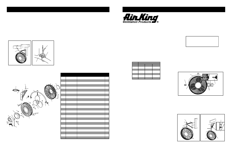 Manual de instrucciones de operación y partes, Secondary support cable, Operation | Maintenance, Replacement parts list, Información general sobre seguridad, Descripción, Especificaciones, Lea y guarde estas instrucciones, Instalación de ménsula en paredes / techos | Air King 4TM61C User Manual | Page 2 / 2