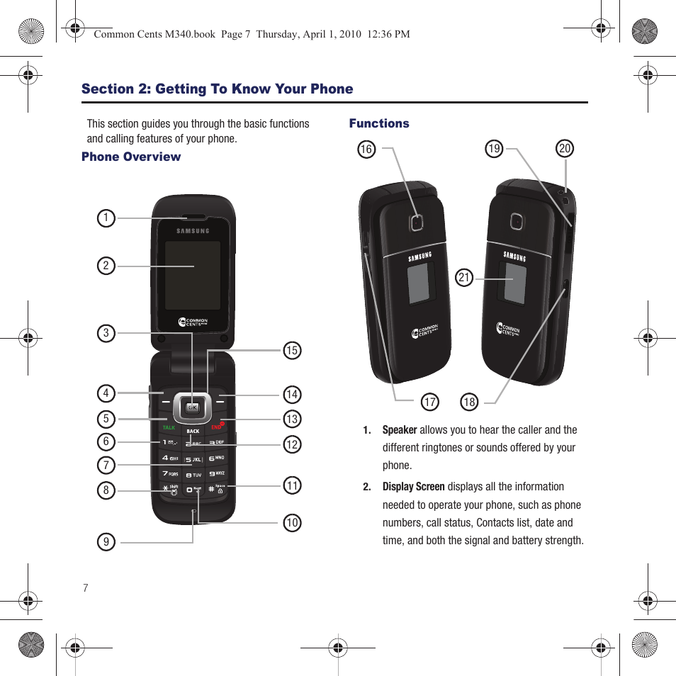 Section 2: getting to know your phone, Phone overview, Functions | Samsung SPH-M340DAACMU User Manual | Page 10 / 102