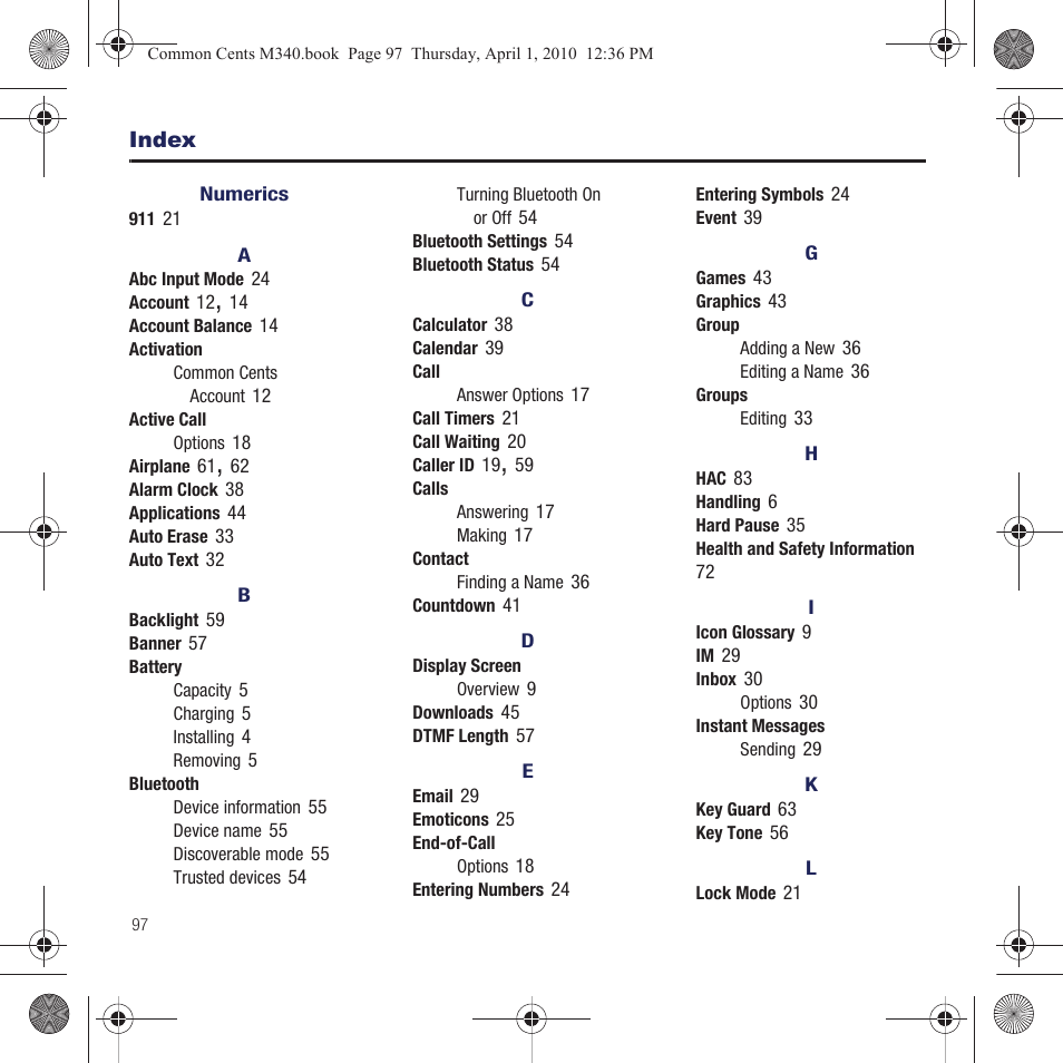 Index, Numerics | Samsung SPH-M340DAACMU User Manual | Page 100 / 102