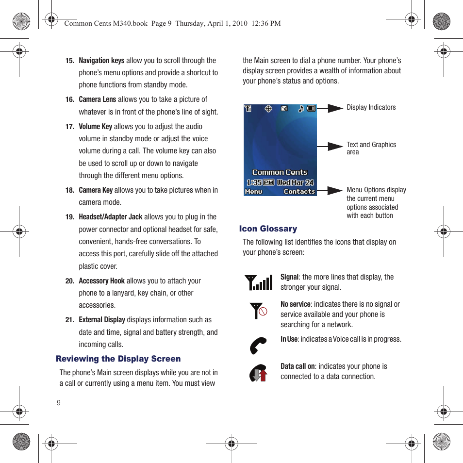 Reviewing the display screen, Icon glossary | Samsung SPH-M340DAACMU User Manual | Page 12 / 102