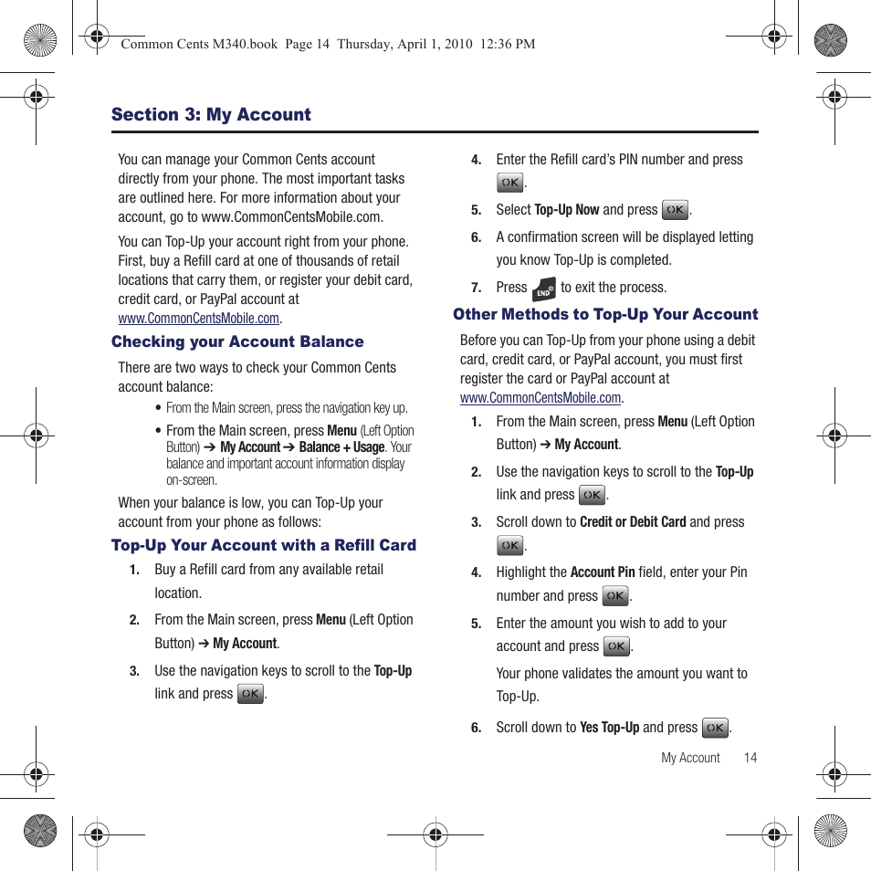 Section 3: my account, Checking your account balance, Top-up your account with a refill card | Other methods to top-up your account | Samsung SPH-M340DAACMU User Manual | Page 17 / 102