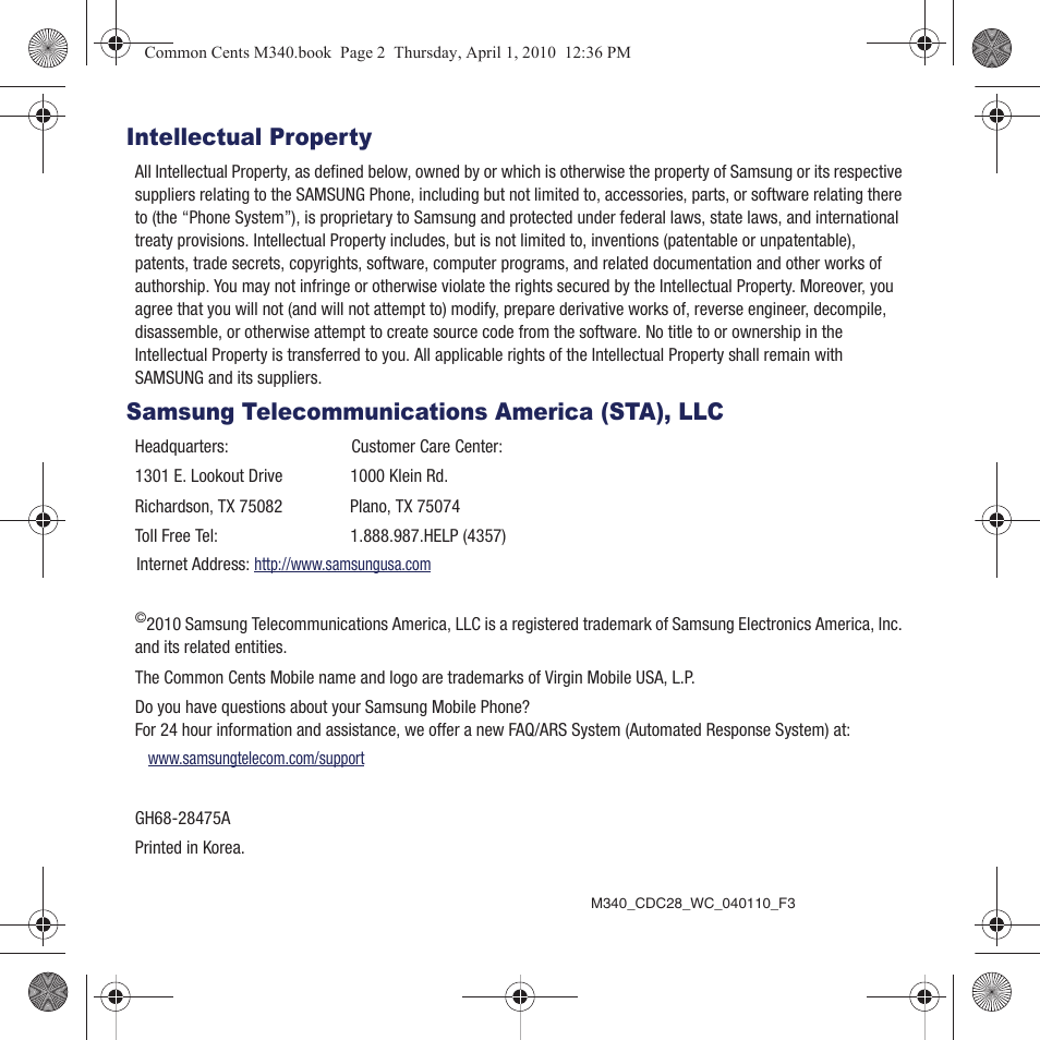 Intellectual property, Samsung telecommunications america (sta), llc | Samsung SPH-M340DAACMU User Manual | Page 2 / 102