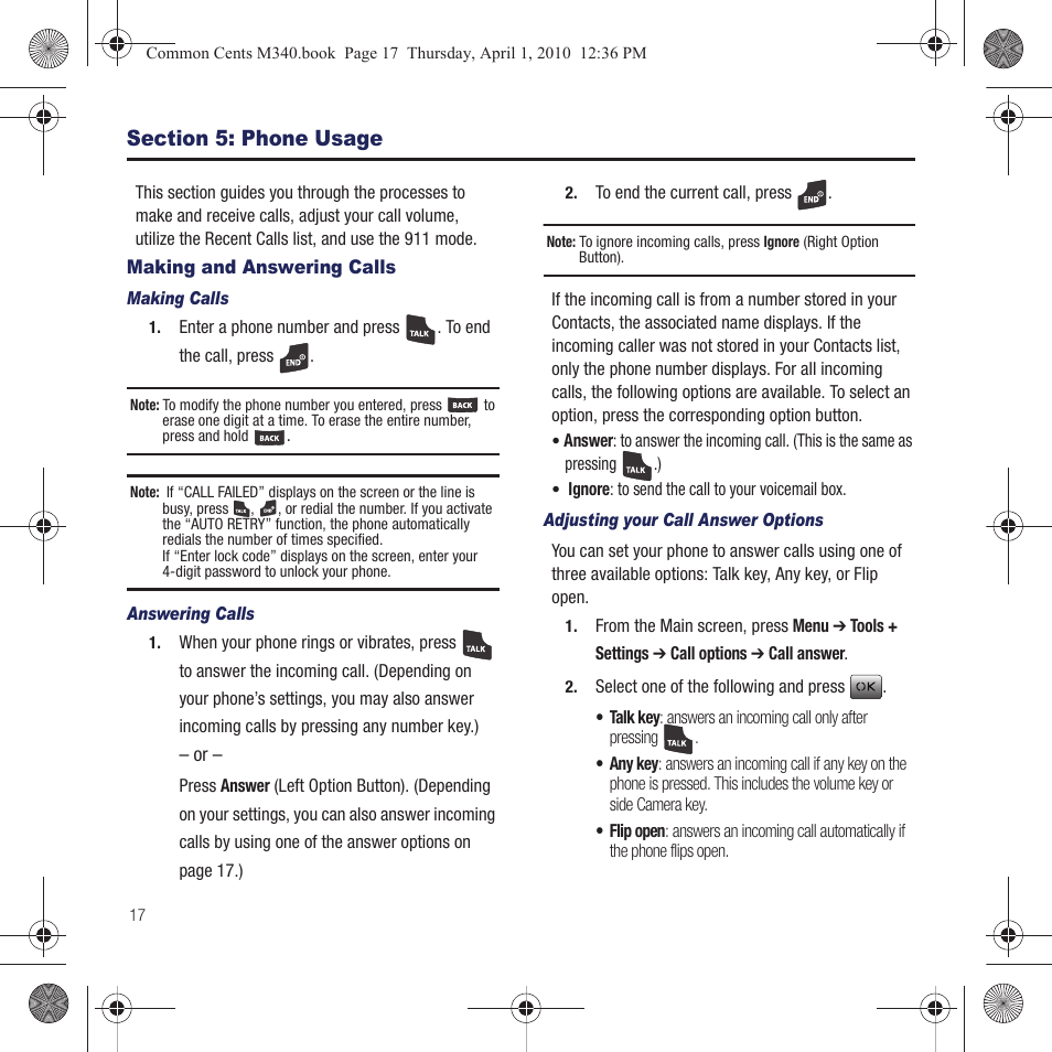 Section 5: phone usage, Making and answering calls | Samsung SPH-M340DAACMU User Manual | Page 20 / 102