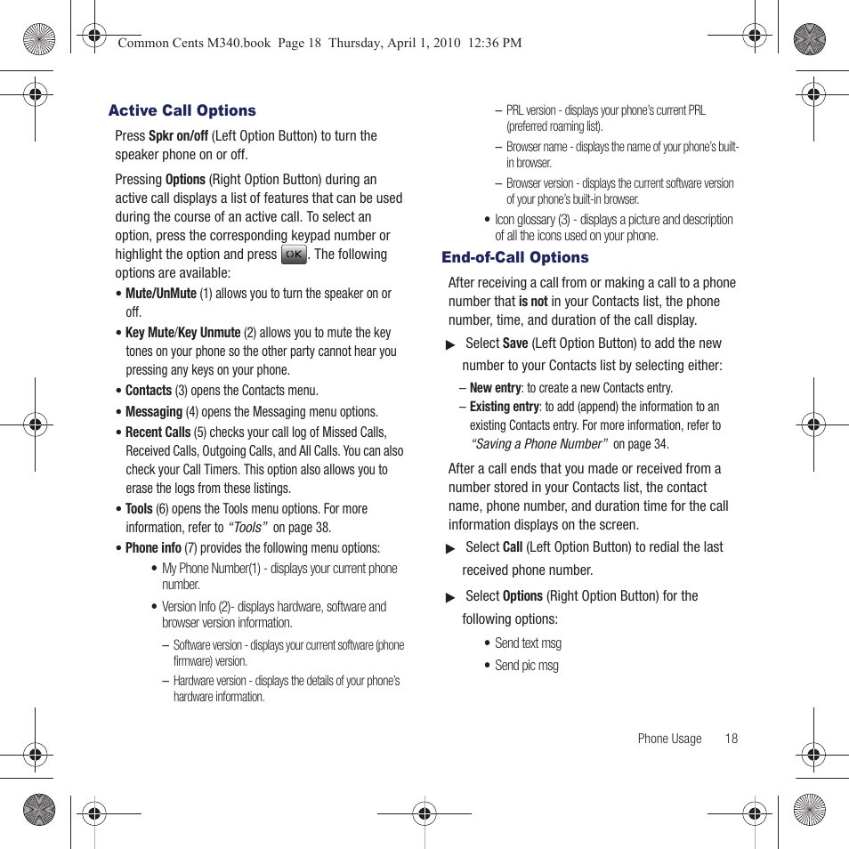 Active call options, End-of-call options | Samsung SPH-M340DAACMU User Manual | Page 21 / 102