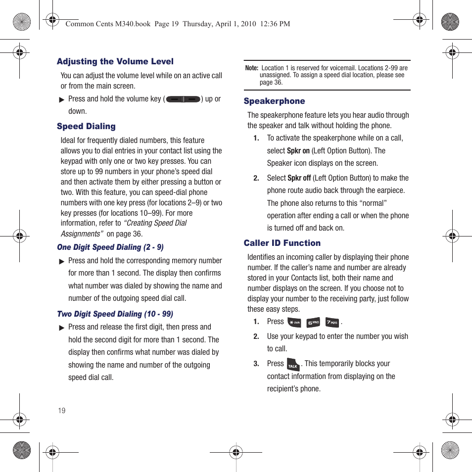 Adjusting the volume level, Speed dialing, Speakerphone | Caller id function | Samsung SPH-M340DAACMU User Manual | Page 22 / 102