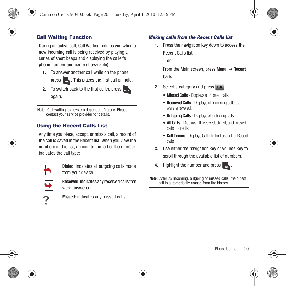 Call waiting function, Using the recent calls list | Samsung SPH-M340DAACMU User Manual | Page 23 / 102