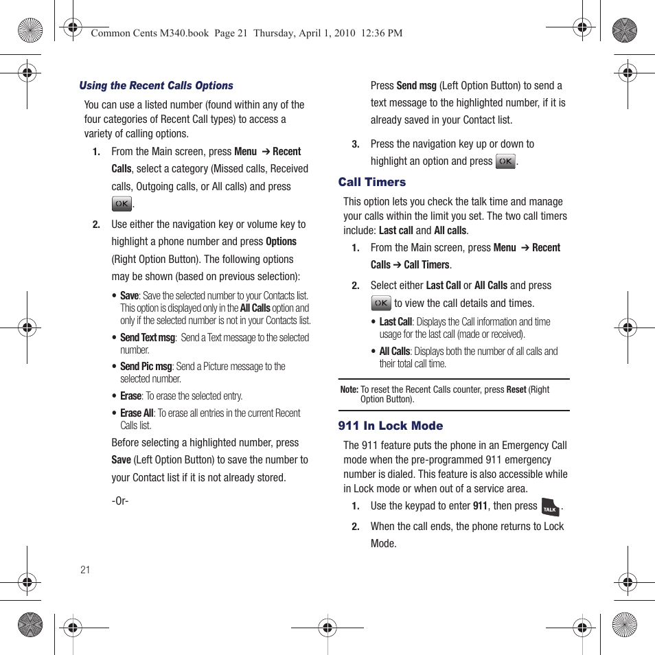 Call timers, 911 in lock mode | Samsung SPH-M340DAACMU User Manual | Page 24 / 102