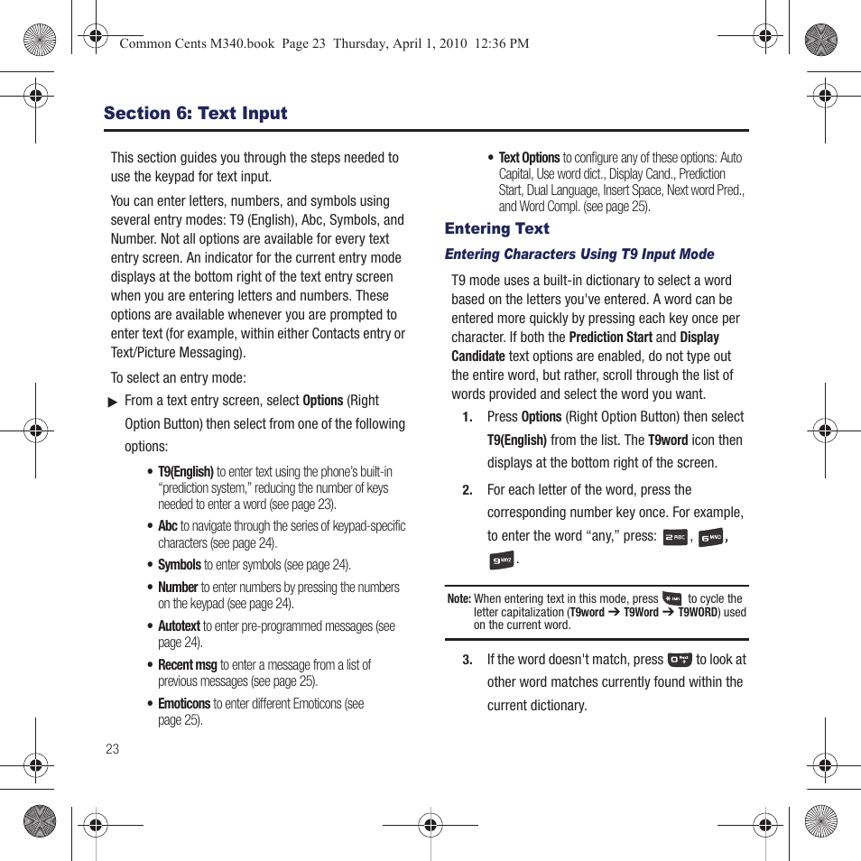Section 6: text input, Entering text | Samsung SPH-M340DAACMU User Manual | Page 26 / 102