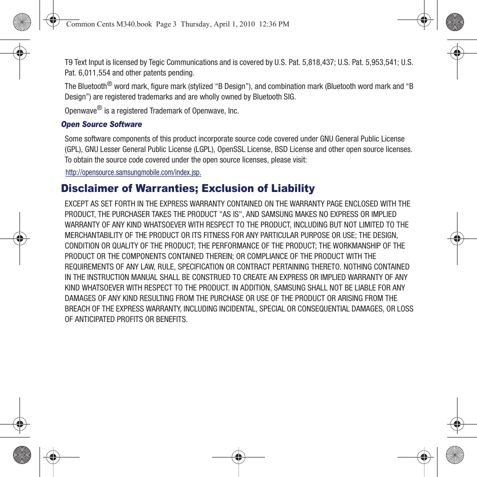 Disclaimer of warranties; exclusion of liability | Samsung SPH-M340DAACMU User Manual | Page 3 / 102