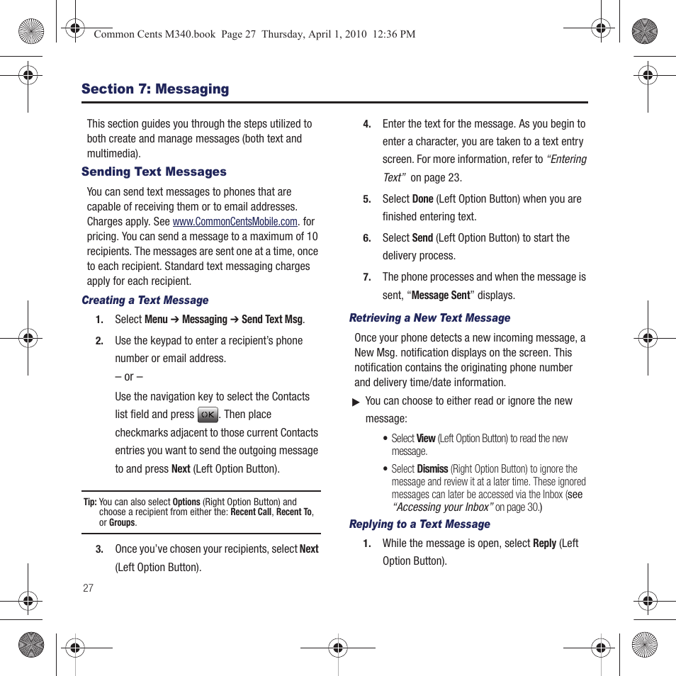 Section 7: messaging, Sending text messages | Samsung SPH-M340DAACMU User Manual | Page 30 / 102