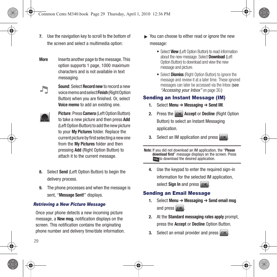 Sending an instant message (im), Sending an email message | Samsung SPH-M340DAACMU User Manual | Page 32 / 102