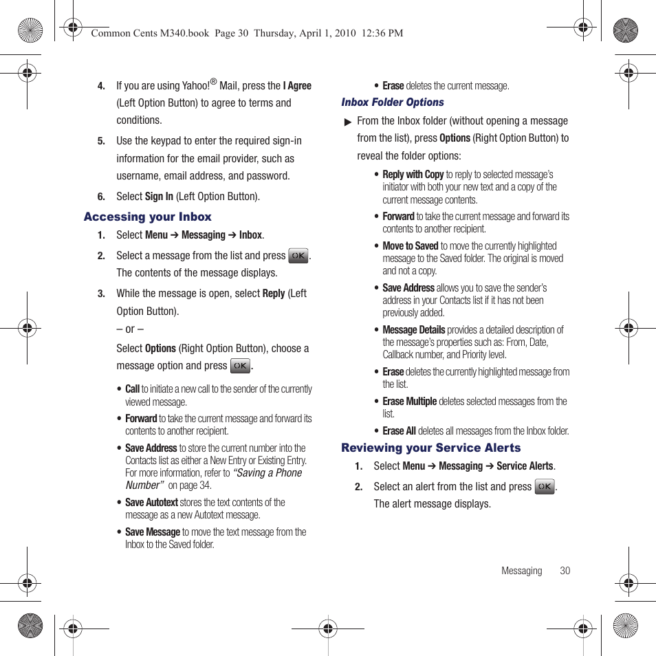 Accessing your inbox, Reviewing your service alerts | Samsung SPH-M340DAACMU User Manual | Page 33 / 102