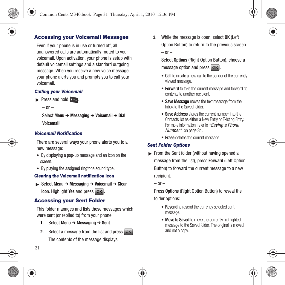 Accessing your voicemail messages, Accessing your sent folder | Samsung SPH-M340DAACMU User Manual | Page 34 / 102