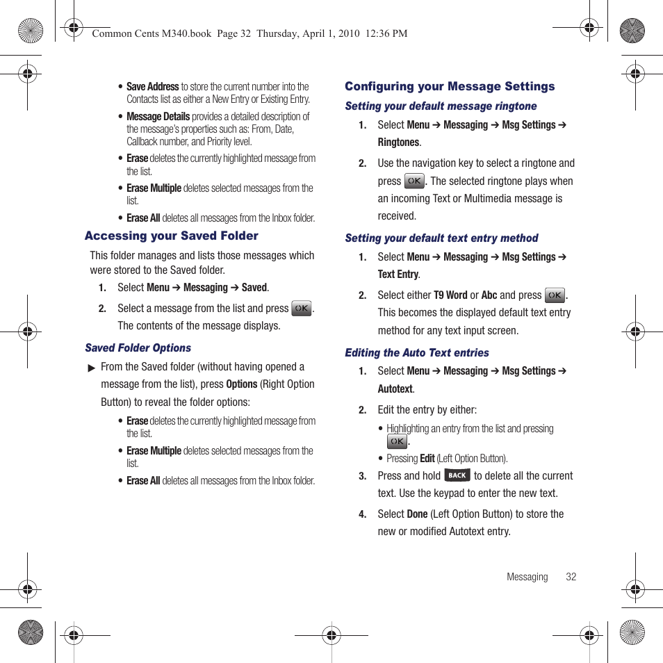 Accessing your saved folder, Configuring your message settings | Samsung SPH-M340DAACMU User Manual | Page 35 / 102