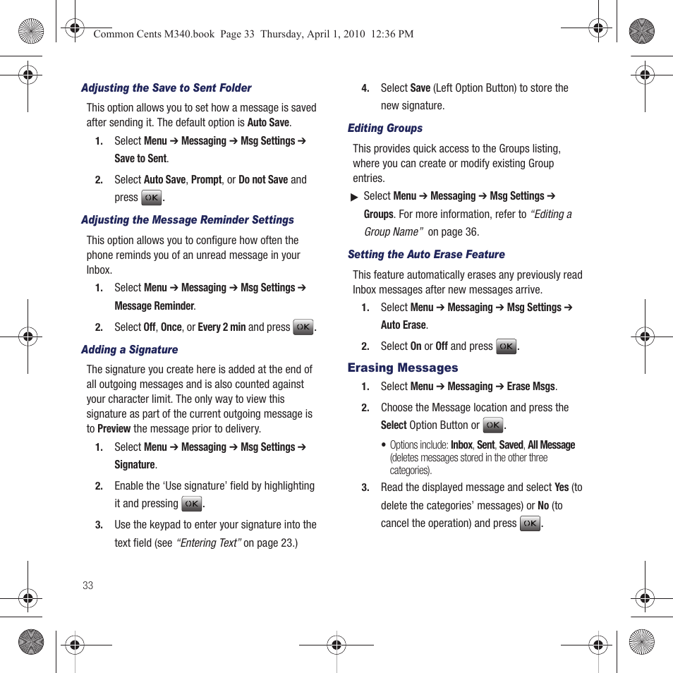 Erasing messages | Samsung SPH-M340DAACMU User Manual | Page 36 / 102