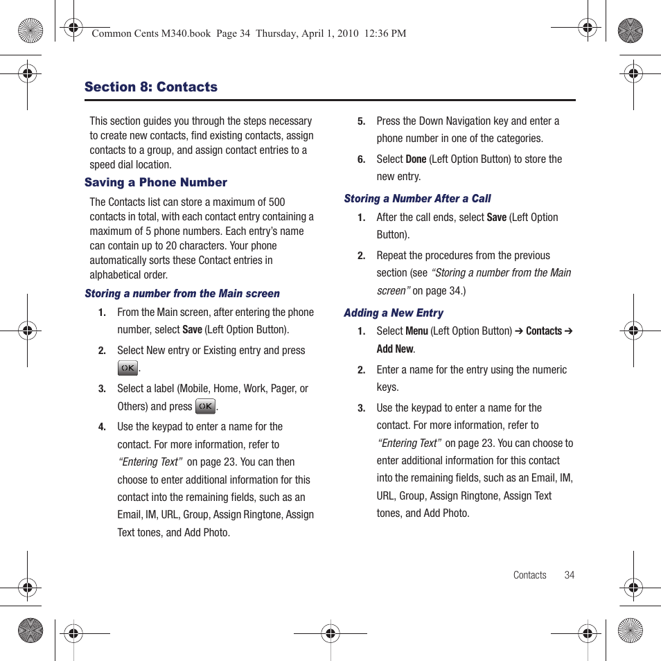 Section 8: contacts, Saving a phone number | Samsung SPH-M340DAACMU User Manual | Page 37 / 102