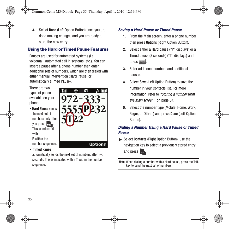 Using the hard or timed pause features | Samsung SPH-M340DAACMU User Manual | Page 38 / 102