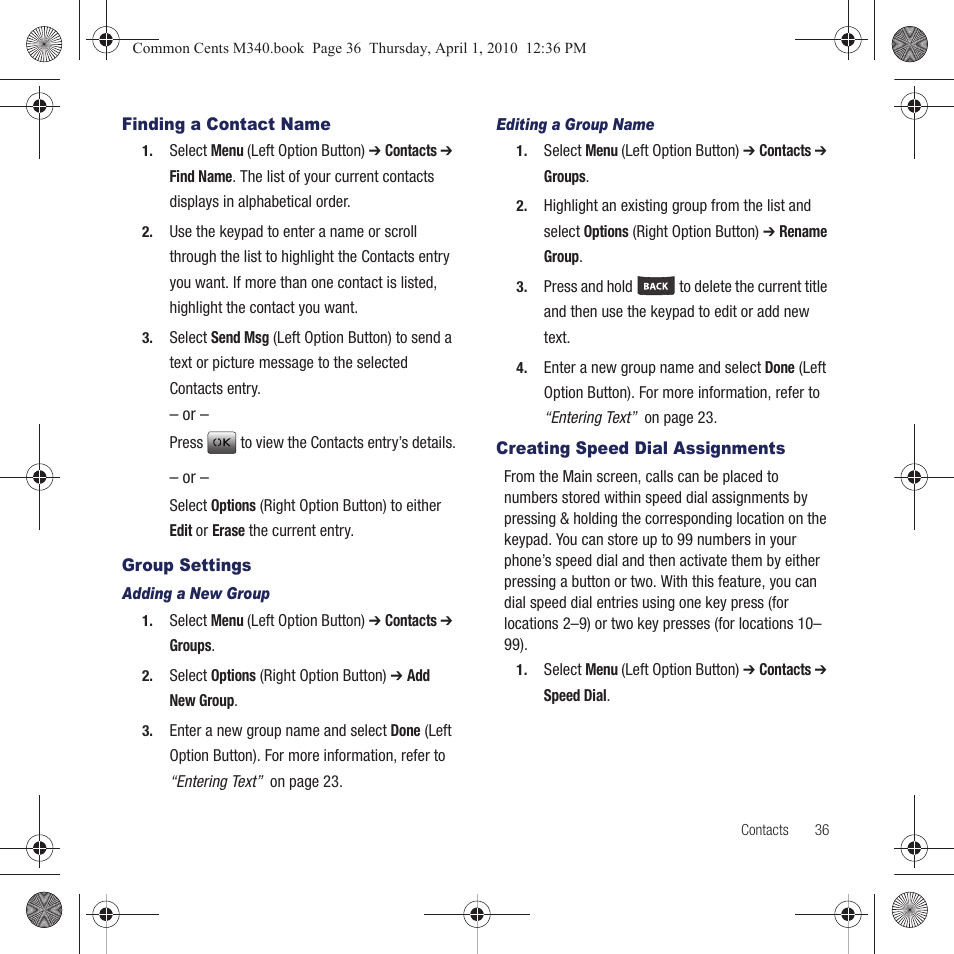 Finding a contact name, Group settings, Creating speed dial assignments | Samsung SPH-M340DAACMU User Manual | Page 39 / 102