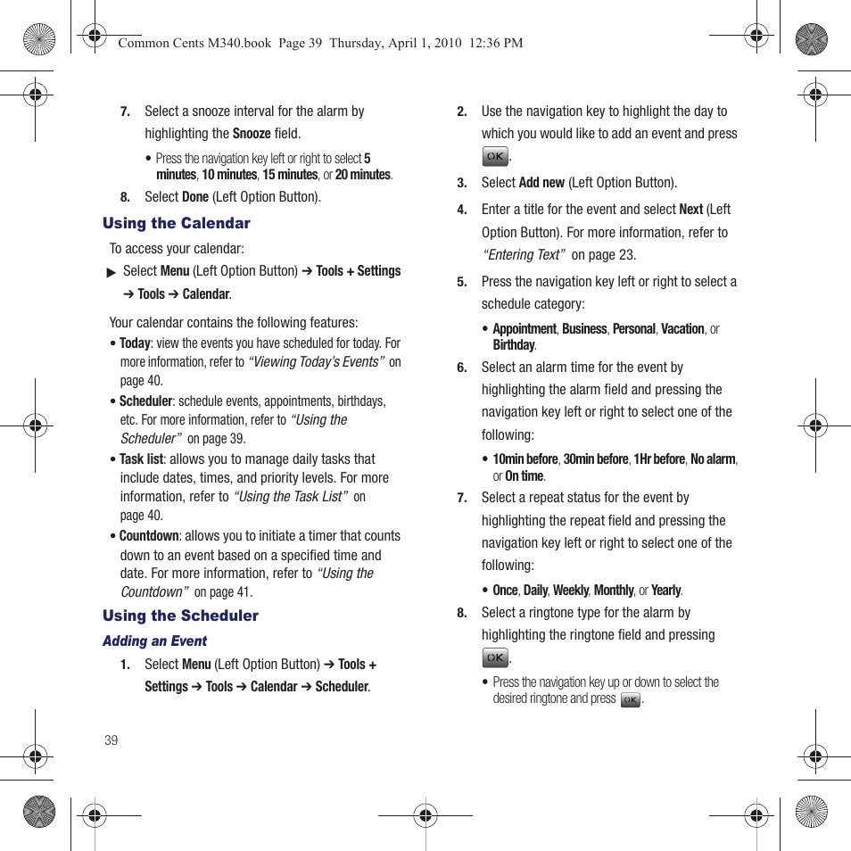 Using the calendar, Using the scheduler | Samsung SPH-M340DAACMU User Manual | Page 42 / 102