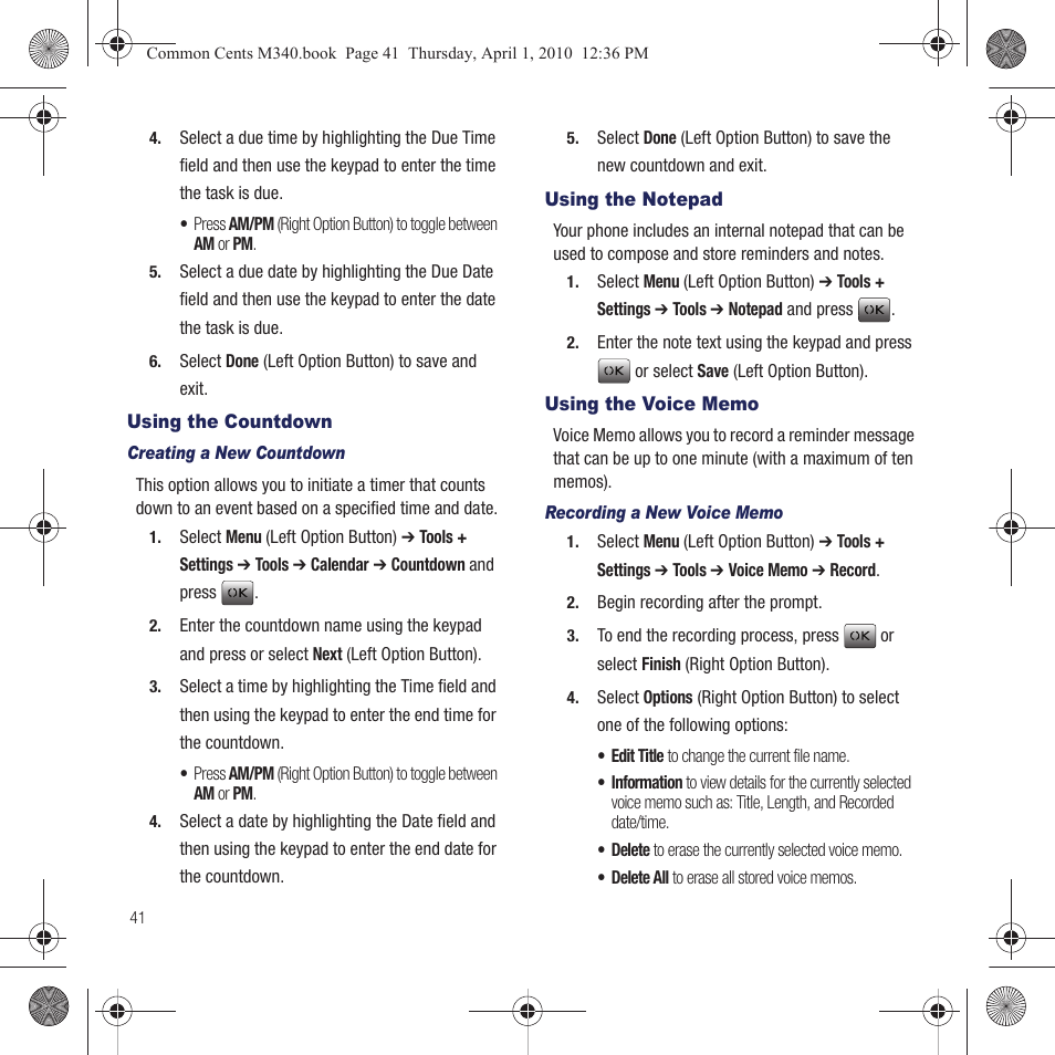 Using the countdown, Using the notepad, Using the voice memo | Samsung SPH-M340DAACMU User Manual | Page 44 / 102