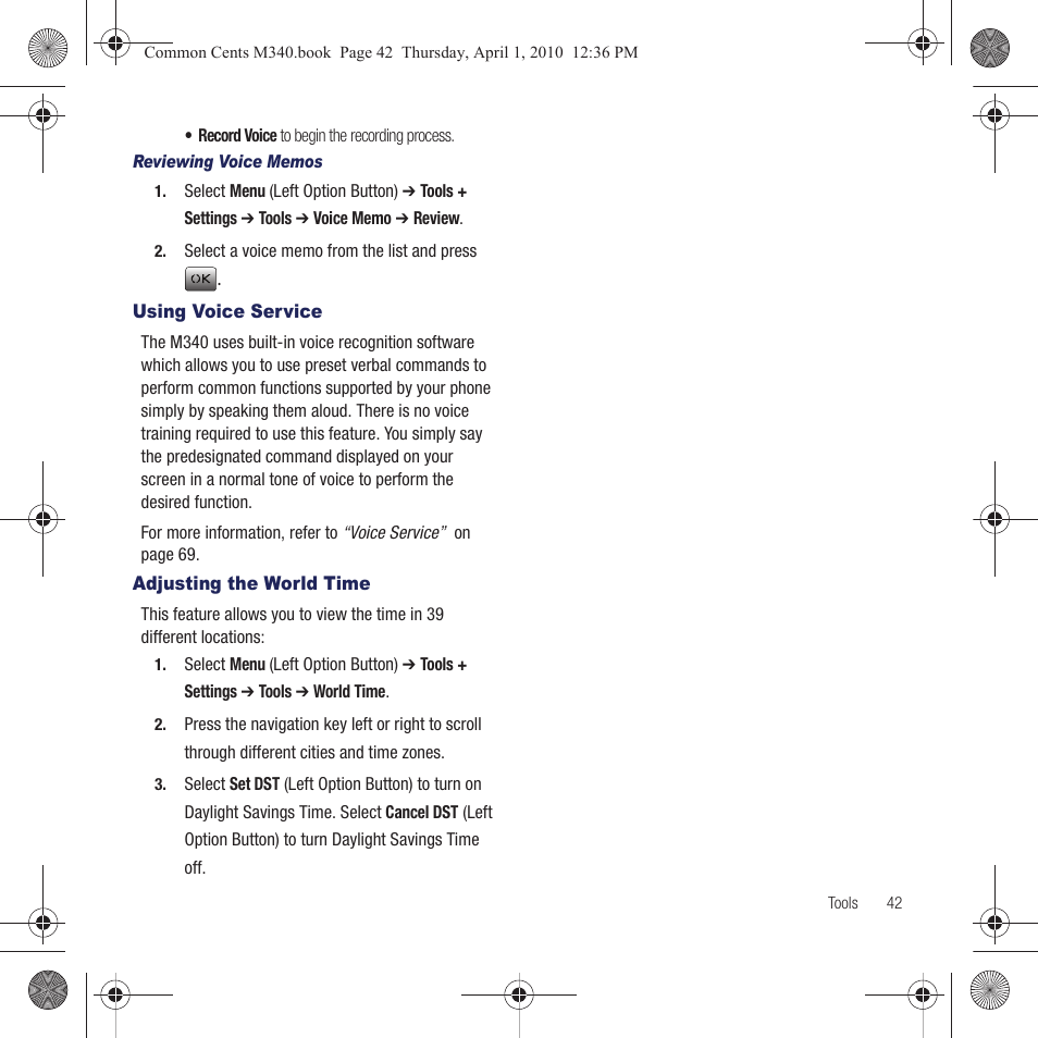 Using voice service, Adjusting the world time, Using voice service adjusting the world time | Samsung SPH-M340DAACMU User Manual | Page 45 / 102