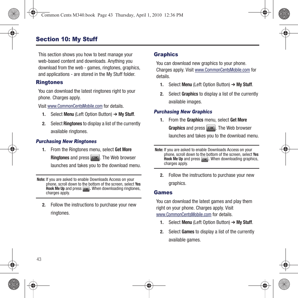 Section 10: my stuff, Ringtones, Graphics | Games, Ringtones graphics games | Samsung SPH-M340DAACMU User Manual | Page 46 / 102