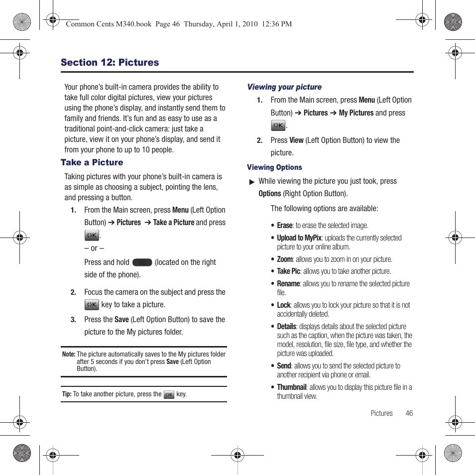 Section 12: pictures, Take a picture | Samsung SPH-M340DAACMU User Manual | Page 49 / 102