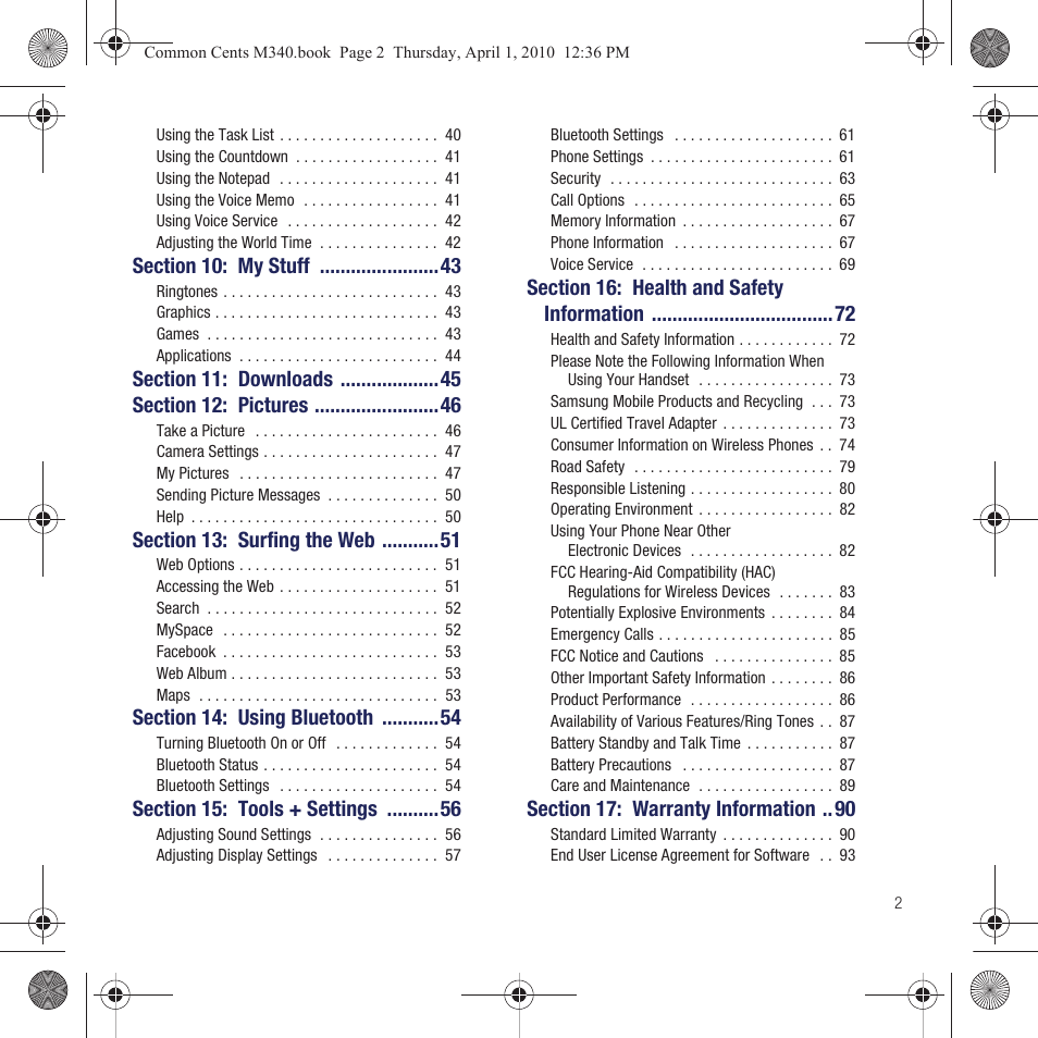 Section 10: my stuff 43, Section 11: downloads 45, Section 12: pictures 46 | Section 13: surfing the web 51, Section 14: using bluetooth 54, Section 15: tools + settings 56, Section 16: health and safety information 72, Section 17: warranty information 90 | Samsung SPH-M340DAACMU User Manual | Page 5 / 102